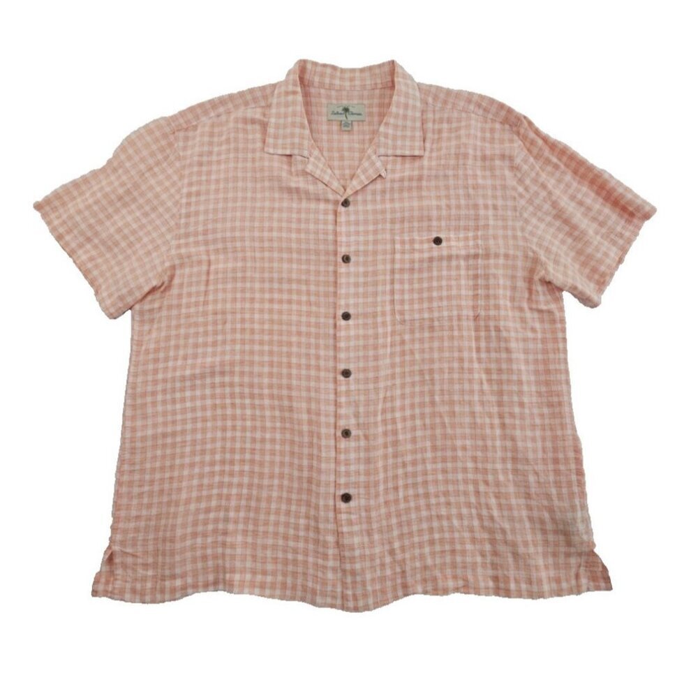 Island Shores‎ Linen Blend Short Sleeve Button Shirt Men's XXL Orange White EUC